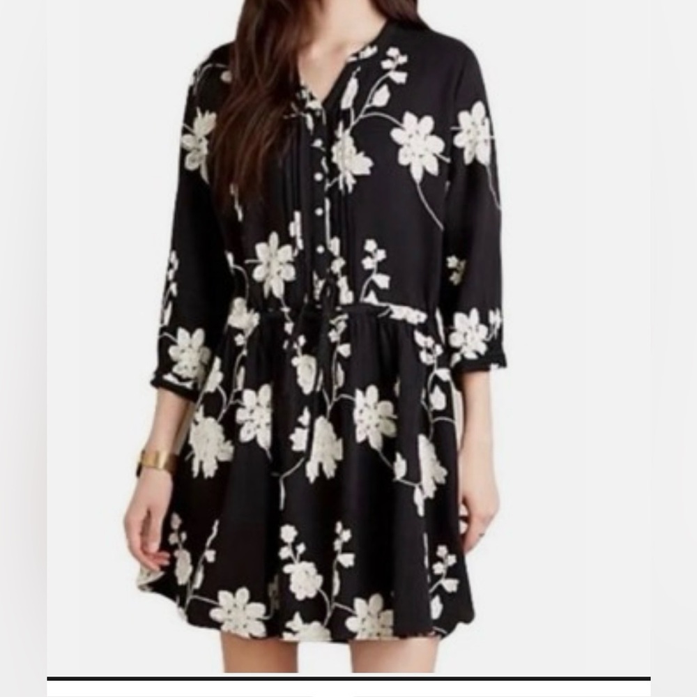 Isabella Sinclair Anthropologie Embroidered Naomi Shirt Black Floral Dress Small